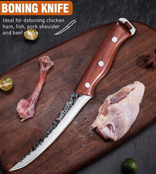 4PCS Butcher Knife and Kitchen Knife Set with Gift Box | Hand Forged Heavy Duty Meat Cleaver, Meat Knife, Serbian Chef Knife, Boning Knife Very Sharp for Meat Cutting Cooking BBQ5