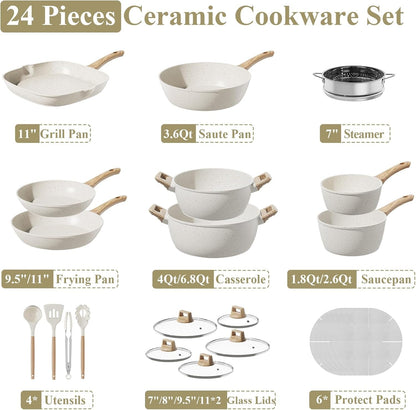 24Pcs Pots and Pans Set, Long-Lasting Ceramic Nonstick Cookware Set | Titanium-Reinforced Coating, Pfas-Free, Induction Compatible, Complete Kitchen Cookware Set for Daily Cooking & Family Meals7