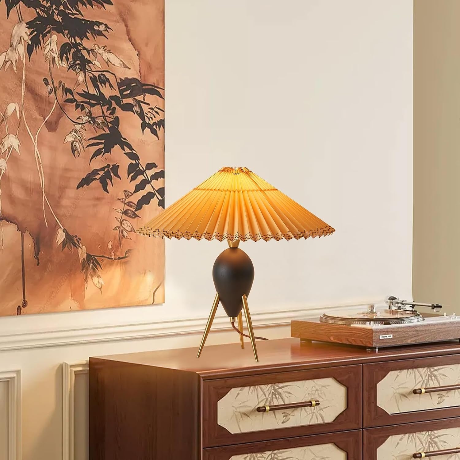 japandi-zen-table-lamp-black-solid-wood-tripod-pleated-umbrella-shade