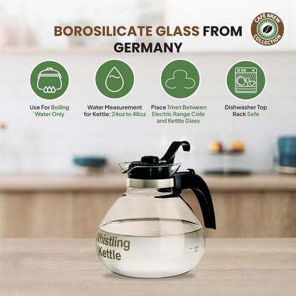 Café Brew Glass Tea Kettle, 12 Cup | German Borosilicate Glass. Gas & Electric Stovetop Safe. Heat Resistant. Whistles at Boil. 12-Cup Capacity.3