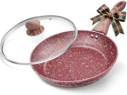 12" Red Granite Non-Stick Frying Pan with Lid, Classic Pans with Non-Toxic Nonstick Coating, Aluminum Skillet with Heat-Resistant Bakelite Handle, Induction Compatible Frying Pan1