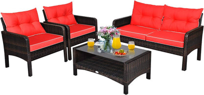4 Piece Patio Furniture Set, Outdoor Wicker Conversation Set with Glass Top Coffee Table, All Weather Proof and Thick Cushions, Suitable for Porch, Garden, Poolside and Lawn (Red)1