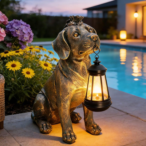 Garden Statue Dog Figurine Decor with Solar Lights 11In Outdoor Decoration1