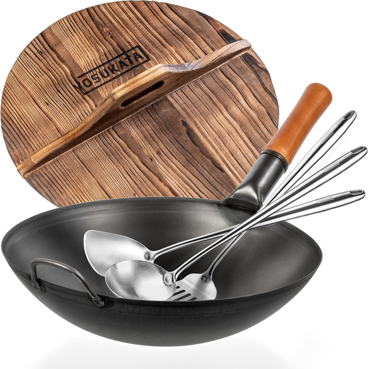 carbon-steel-wok-pan-round-bottom-14-in-wooden-wok-lid-14-in-with-ergonomic-handle-17-spatula-and-ladle-and-turner