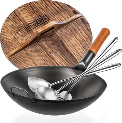 Carbon Steel Wok Pan round Bottom 14 in + Wooden Wok Lid 14 in with Ergonomic Handle + 17" Spatula and Ladle and Turner1