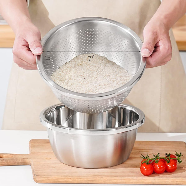 304 Stainless Steel Colander 2QT Microporous Colander & Mixing Bowl for Kitchen Cooking,Rice Strainer with Washing Bowl for Pasta Straining,Fruit Washing,Vegetable Draining(2Pcs)7