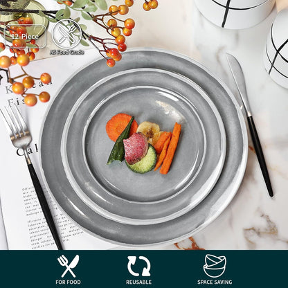 Melamine Dinnerware Set - 12Pcs Dishes Dinnerware Set for 4, Indoor and Outdoor Use, Dishwasher Safe, Break-Resistant, Lightweight, Gray4
