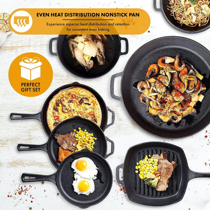 8 Piece Cast Iron Cookware Set - Pre-Seasoned Pots and Pans Set with Cast Iron Skillets, Grill Pan, Dutch Oven, Pizza Pan, and Scrubber - Heavy Duty Cooking for Home Kitchen or Camping+2
