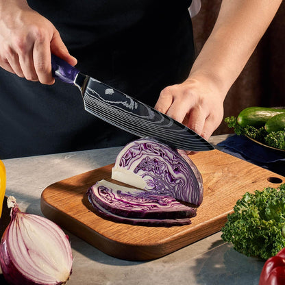 SENKEN 16-Piece Knife Block Set - Japanese High Carbon Stainless Steel with Damascus Pattern, Purple Resin Handles, 6 Steak Knives & Acacia Hardwood Block (Purple)5