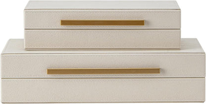 Set of 2 Beige Shagreen Decorative Storage Boxes with Gold Metal Handles – Faux Leather Jewelry & Memory Boxes, Nesting Photo Organizers for Home Decor1