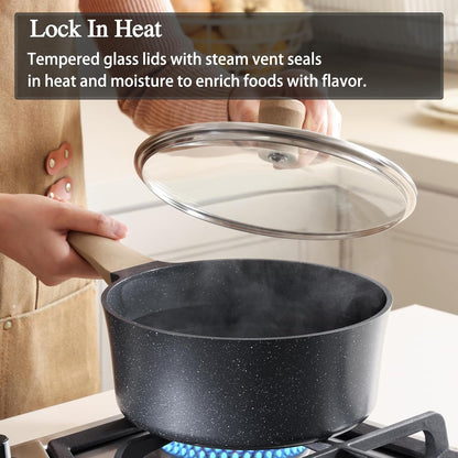 Nonstick Saucepan with Lid, 3.5 Quart German Greblon Ceramic Sauce Pan, Non Toxic Sauce Pot with Cover for Multipurpose Use, PTFE, PFOA & PFAS Free, Induction Compatible.6