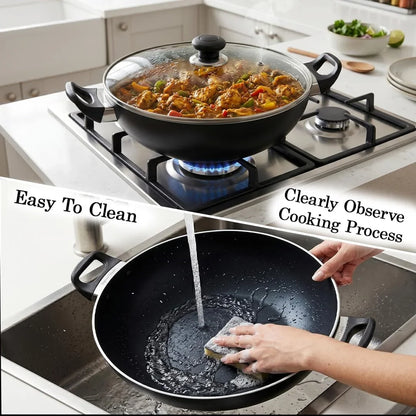 Non Stick Imperial Classic Wok with Glass Lid – Pfoa-Free Nonstick Wok Pan, Tempered Glass Lid with Steam Vent, Easy Clean Stir Fry Wok for Gas & Electric Stovetops (13")3