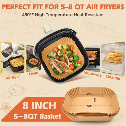 Air Fryer Liners Disposable 125 Pcs, 8 Inch Paper for 5-8 QT Air Fryers | Square Unbleached Parchment Paper, Non-Stick, Greaseproof for Baking, Roasting, Microwave, Oven, Airfryer Basket Accessories4