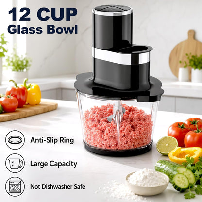 12Cup Food Processor,600W Food Chopper,Meat Processor with Glass Bowl | Glass Food Processor for Chopping Meat, Slicing, Shredding, Kneading Dough, Dishwasher Safe, Black3