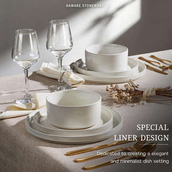 Dinnerware Sets, Plates and Bowls Set for 4, Speckled Ivory White4