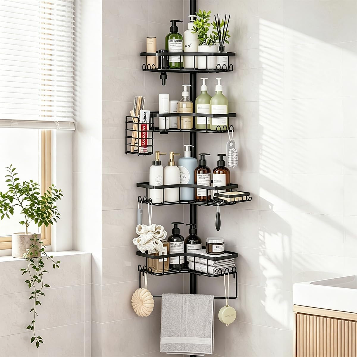 shower-caddy-tension-pole-adjustable-43-5-120-inch-corner-shower-organizer-no-drill-rustproof-stable-4-tier-bathroom-storage-shelves-built-in-towel-rack-toothbrush-holder-soap-dish
