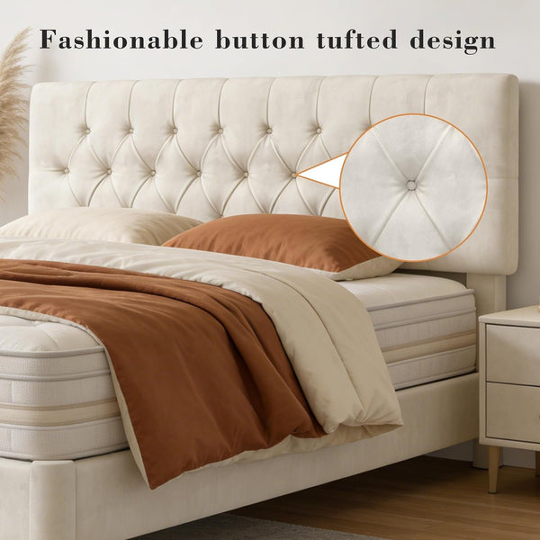 King Size Bed Frame with Headboard, Luxury Velvet Fabric Upholstered Bed Frame with Button Tufted Design, Strong Wooden Slats Support - Low & Sturdy, Noise-Free, No Box Spring, Easy Assembly, Beige6