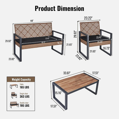 4-Piece Patio Furniture Set with Acacia Wood Tabletop, PE Rattan Conversation Sofa Set, Steel Frame Outdoor Seating for Balcony Porch Garden Backyard Lawn, Black Cushions Light Brown Wicker2