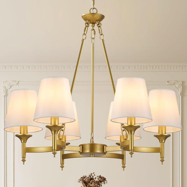 Gold Farmhouse Chandelier, 27.2" 6-Light round Pendant, White Fabric Shades1