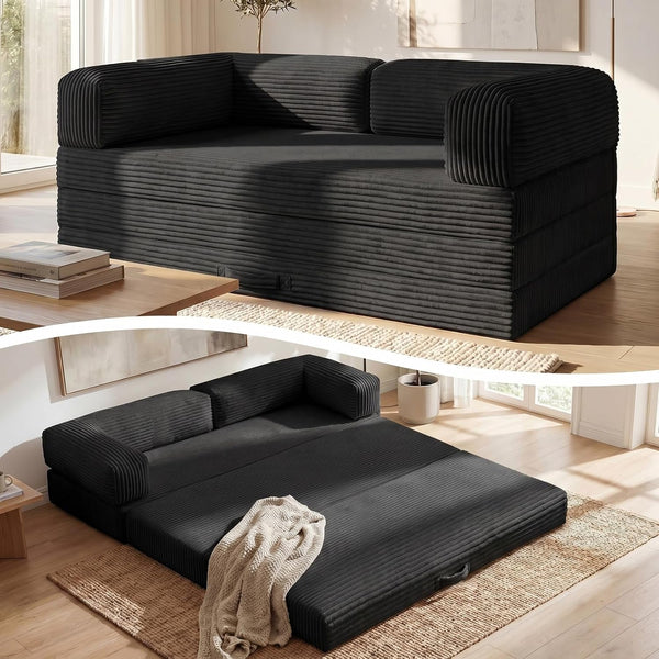 Convertible Sofa Bed, Tri-Folding Mattress Queen Futon Couch Bed, Boneless Sleeper Couch Bed with Removable Armrests & Washable Cover for Guest Room, Living Room, Queen, Black1