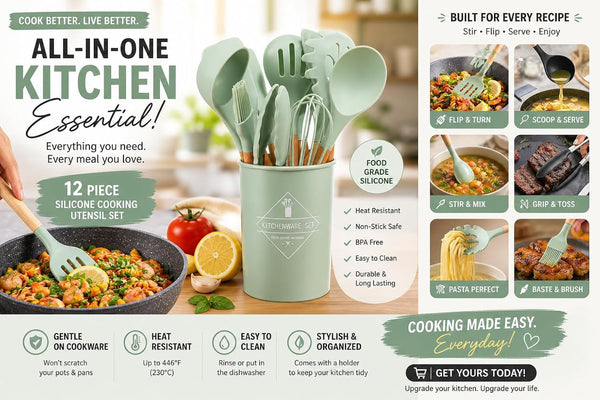 Caboh Silicone Kitchen Utensil Set 12 PCS – Heat Resistant Cooking Tools with Spatula, Serving Spoon, Tongs, Whisk & Holder, Nonstick Safe Bpa-Free Kitchen Accessories Set (Light Green)3