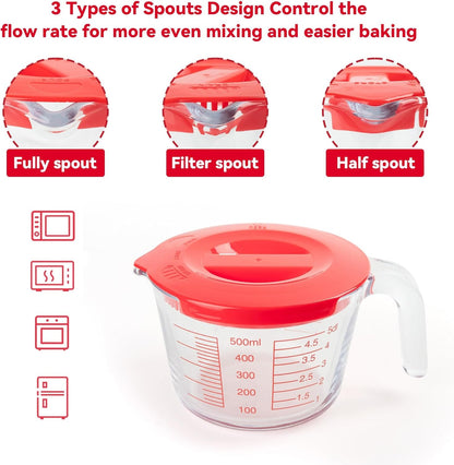 6 Pcs Glass Measuring Cups Set with Lids (Strainer Included) - 1-Cup/2-Cup/4-Cup Nesting Jugs with Easy-Grip Handles, Kitchen Liquid Measuring4