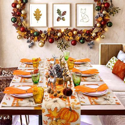 19 Pcs Fall Table Runner and Placemats Set, Fall Pumpkin Runner, Placemats, Napkins, Napkin Rings Kitchen Dining Table Decoration for Autumn Harvest Thanksgiving Party Decor7