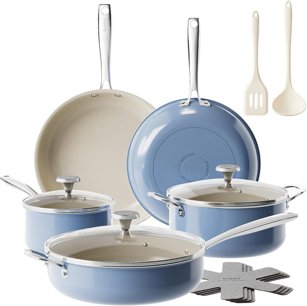 Ceramic Nonstick Cookware Set,14Pcs Pots and Pans Set Non Stick,Induction Cookware with Stainless Steel Handle,Non Toxic Kitchen Cooking Set,Dishwasher & Oven Safe,Pfas PFOA & PTFE Free（Blue）1