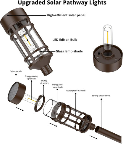 Solar Pathway Lights Outdoor Solar Lights 8 Pack Metal & Glass Design - Waterproof Auto On/Off Bright Long-Lasting Garden Landscape Lighting Walkway Driveway6