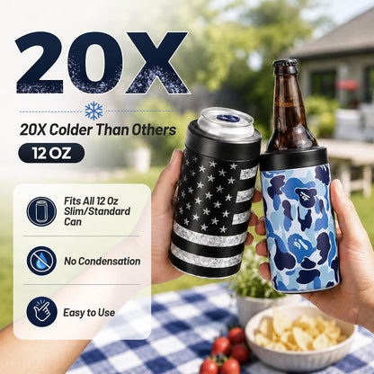 4-In-1 Slim Can Cooler Easy to Hold Insulated Beer Can Holder Double-Walled Stainless Steel for All 12 Oz Cans Black America Flag 26