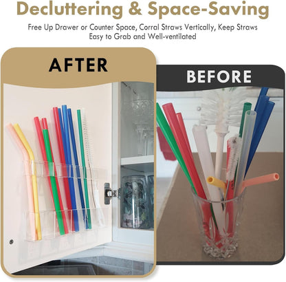 Acrylic Straw Holder for Cabinet Door - Child-Safe Organizer & Dispenser with Smooth Rounded Edges for Kitchen Accessories Storage, Adhesive Circles Included (Clear Transparent)2
