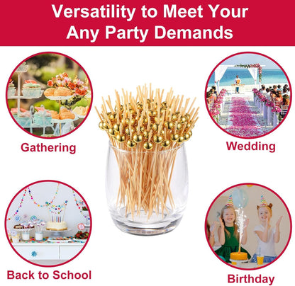 200 PCS Cocktail Picks, Fancy Toothpicks for Appetizers Bamboo Tooth Picks | Mini Gold Ball Food Sticks 4.7 Inch, Natural Wooden Decorative Skewers for Drinks Party Fruit Kebab Burger Charcuterie Board7