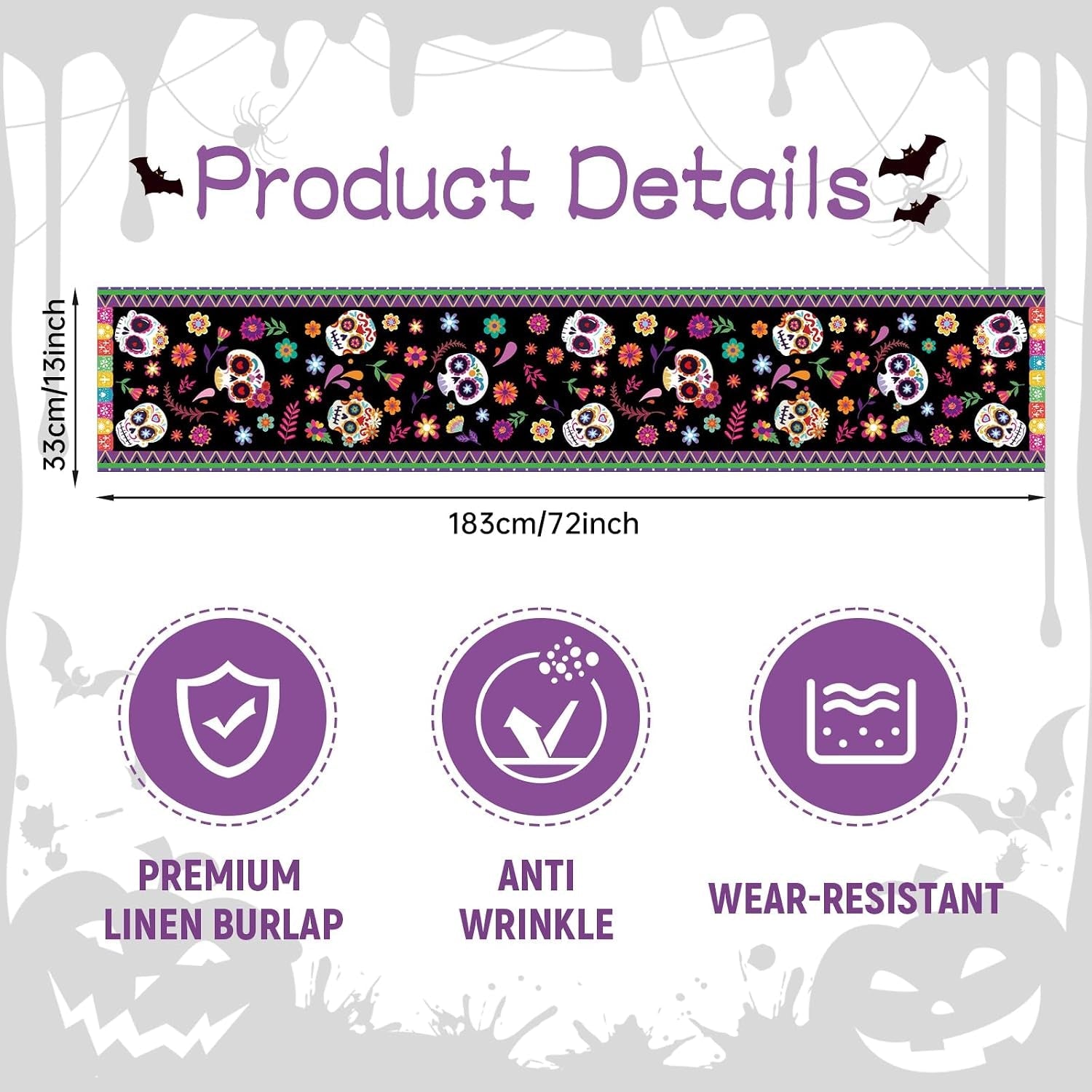 day-of-the-dead-table-runner-72-x-13-inch-decorations-dia-de-los-muertos-sugar-skull-mexican-fiesta-carnival-table-cover-decor-rustic-linen-altar-themed-party-supplies-for-home-kitchen-dining-mantel