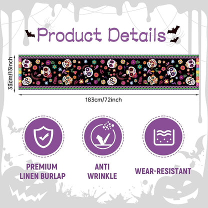 Day of the Dead Table Runner 72 X 13 Inch Decorations, Dia De Los Muertos Sugar Skull Mexican Fiesta Carnival Table Cover Decor, Rustic Linen Altar Themed Party Supplies for Home Kitchen Dining Mantel2