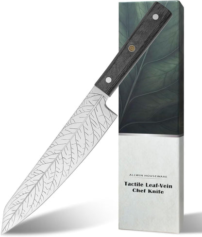 8-Inch Leaf‑Etched Chef Knife –ALLWIN HOUSEWARE Deep Electro‑Etched Leaf Pattern with 3D Air‑Pocket Design, Premium Stainless Steel Blade & Ergonomic Wood Handle for Kitchen Cooking Gift Grey1