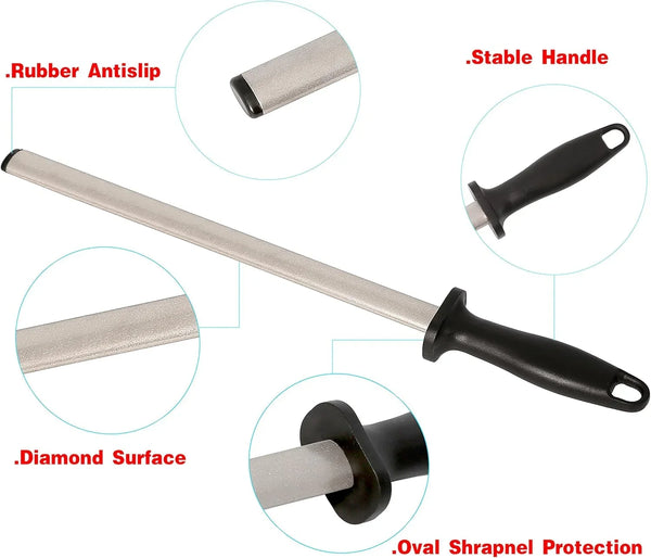 12 In. Diamond Carbon Steel Professional Knife Sharpener Rod | Kitchen, Home or Hunting | Master Chef, Hunter or Home Gourmet Blade Sharpening Rod or Stick | for Kitchen and Hunting Knives. Diamond Coated Carbon Steel Rod for Consistent, Reliable Sharpening and Honing Every Time.4