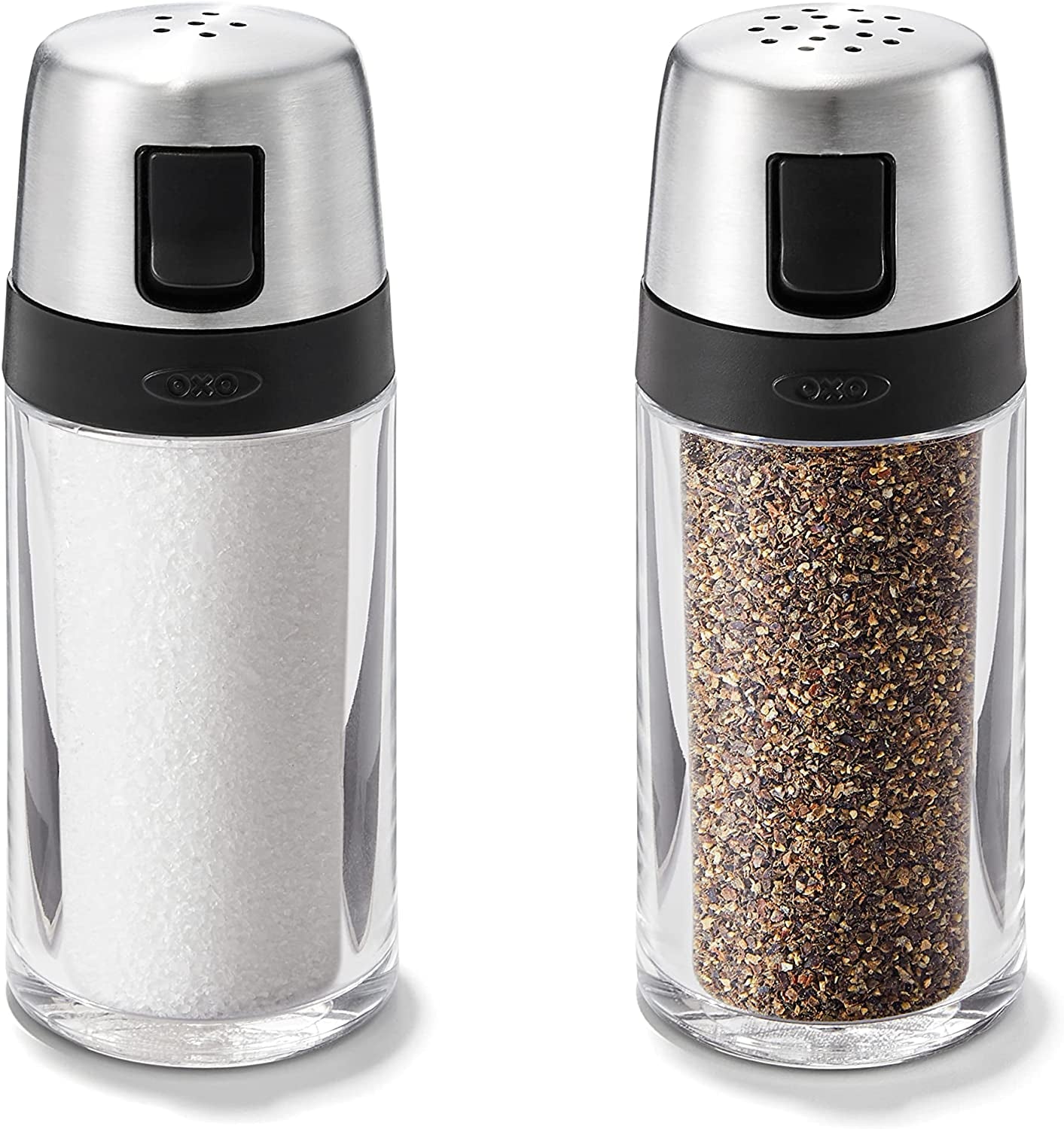 oxo-good-grips-salt-pepper-shaker-set-easy-to-refill-with-twist-off-lid-clear-body-for-visible-levels-stainless-steel-accents-table-ready-kitchen-condiment-set-side-spout-for-easy-pour