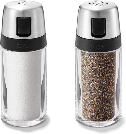 OXO Good Grips Salt & Pepper Shaker Set, Easy to Refill with Twist-Off Lid | Clear Body for Visible Levels, Stainless Steel Accents, Table-Ready, Kitchen Condiment Set, Side Spout for Easy Pour1