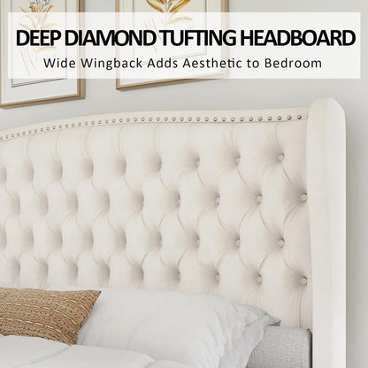 Queen Size Bed Frame with Velvet Upholstered Wingback Headboard4