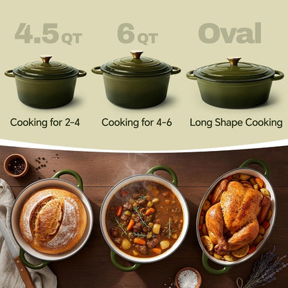 Vintage Style 6 Quart Dutch Oven Pot with Lid, Non Stick Enameled Cast Iron Dutch Oven for Bread Baking, Heavy-Duty, Oven Safe Ceramic Cookware up to 500°F for Baking, Braising, Stews, Roasting, Golden Green3