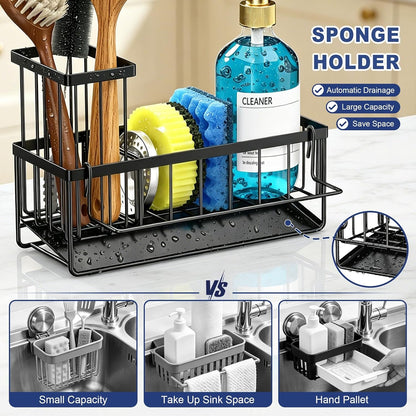 Sponge Holder for Kitchen Sink, Kitchen Sink Caddy, Kitchen Sink Sponge Holder, Dish Sponge Holder, Kitchen Sink Organizer for Sponge, Dish Brush, Scrubber(9.65" X 3.74" X 6.3", Black)4