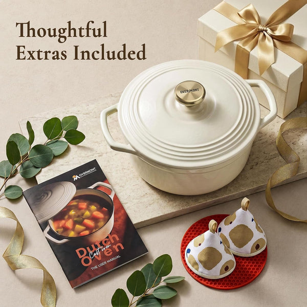 Enameled Cast Iron Dutch Oven - 5.5QT Pot with Lid Cookbook & Cotton Potholders - Heavy-Duty Cookware for Braising, Stews, Roasting, Sourdough Baking White7