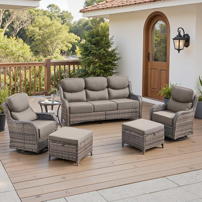 Luxury 6" Thick Cushioned 6 Pieces Patio Furniture Set with Outdoor Couch, Wicker Outdoor Conversation Set with High Back Swivel Rocker Chairs for Deck Porch Yard and Poolside - Grey+Grey1
