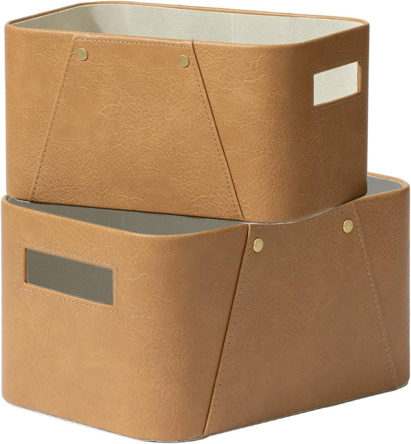 Faux Leather Storage Baskets for Organizing, Camel 2 Pack1
