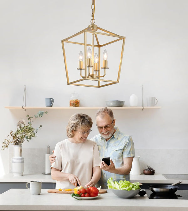 Industrial 4 Lights Chandelier, Gold Lantern Ceiling Light Fixtures with Rustic Metal Cage Adjustable Height Farmhouse Geometric Hanging Light for Kitchen Island, Dining Room, Entryway, UL Listed7