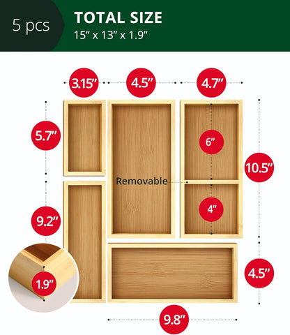 5-Piece Bamboo Drawer Organizer Set – Multi-Use Storage Trays for Kitchen, Bathroom, Office, Makeup, Jewelry & More – Junk Drawer Tray, Utensil Holder, Storage Box & Bin Set (5 Boxes)2