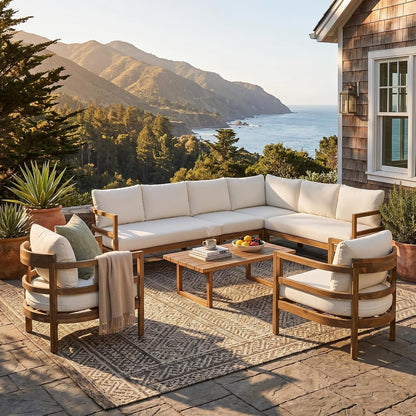 Outdoor Acacia Wood 7 Seater Sectional Sofa Set with Thick Cushions Patio Conversation Set Modular Outdoor Seating with Coffee Table and Club Chairs for Patio Garden Deck1