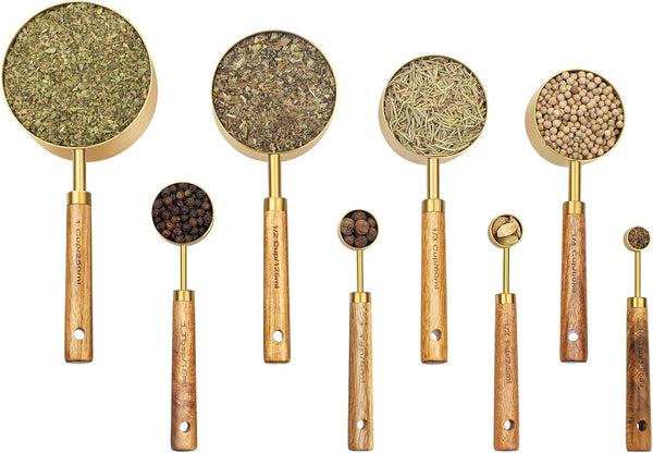 Measuring Cups and Spoons Set of 8, Golden Stainless Steel Measuring Cup with Wooden Handle, Kitchen/Food/Liquid/Baking (Gold)1