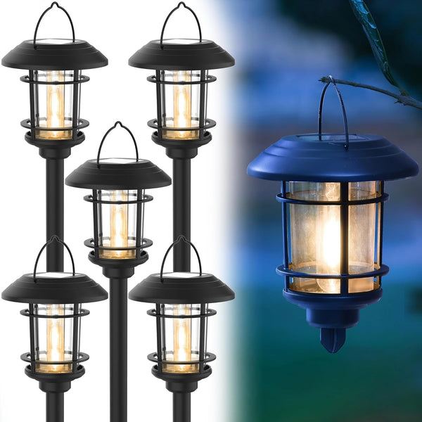 6 Pack Dual Use Solar Path Lights Outdoor, Hanging Lantern Solar Garden Lights with Edison Bulb, Landscape Lighting, Waterproof & Auto On/Off for Patio Pathway Walkway Driveway, Warm White1