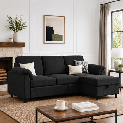79" Convertible Sectional Couch for Living Room, Modular L Shaped Sofa with Movable Ottoman, Comfy Corduroy Fabric Couch with Removable Covers, Modern Apartment Furniture, Black1